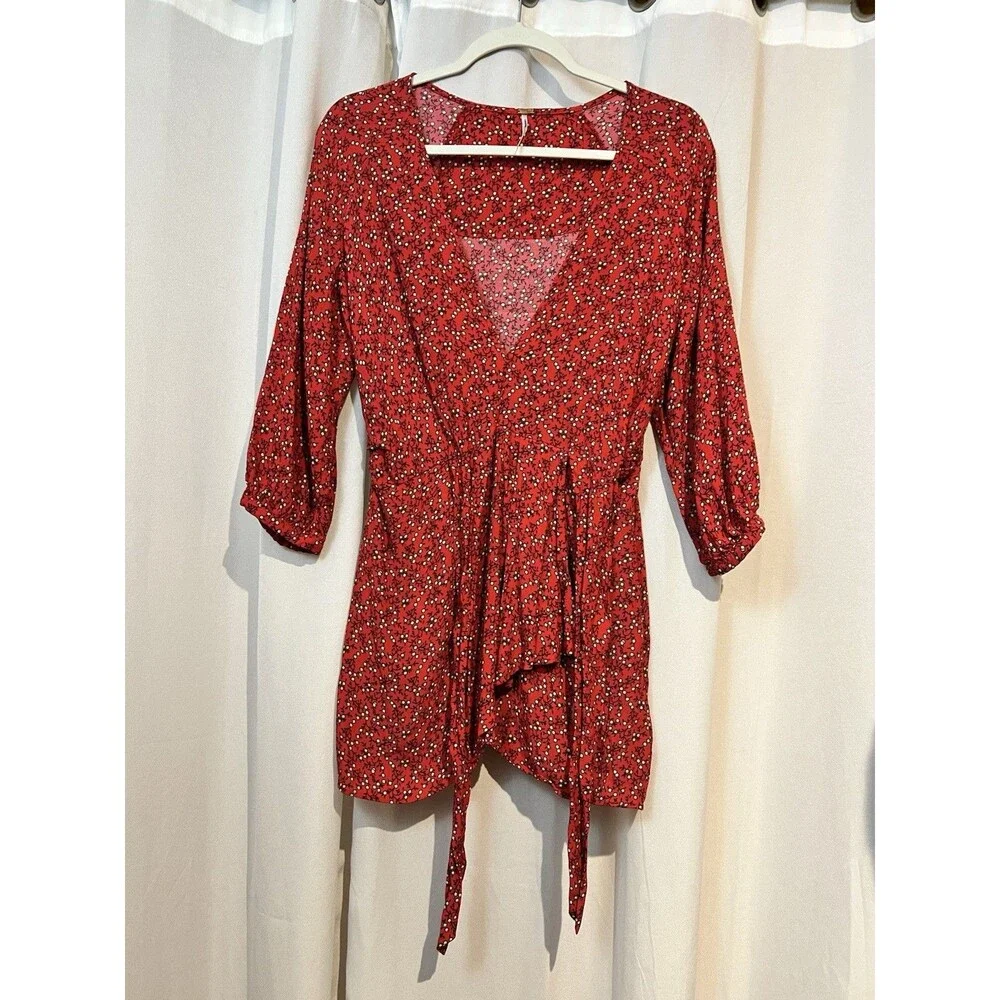 Free People Women's Clara Floral Mini Tunic Dress S Red Wrap 3/4 Sleeve Viscose‎